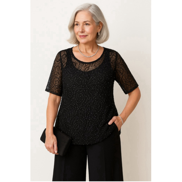 Dana Buchman Tops - Vintage Dana Buchman Black Beaded Open Knit Top Sheer Sparkle Evening Wear L/XL